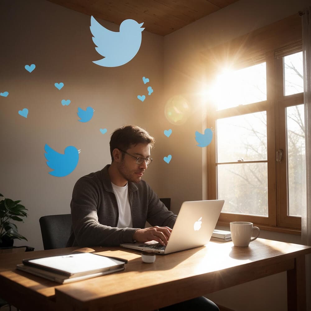 A man wearing glasses, focused on his laptop at a desk near a bright window, with Twitter bird logos and heart icons floating around him in a stylized representation of social media activity.