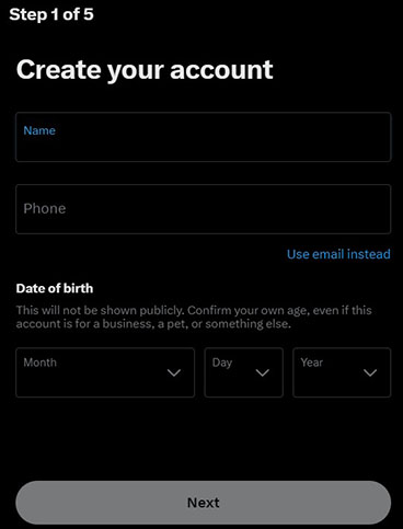 Create your account, Twitter